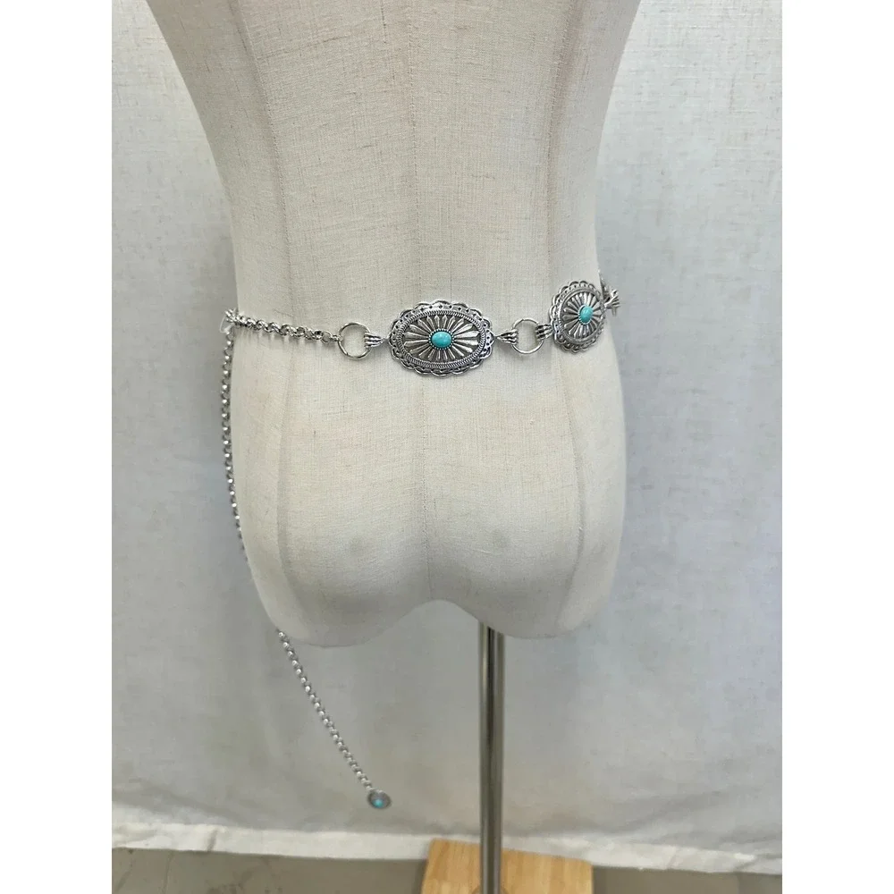 Unbranded Silver Turquoise Concho Chain Belt Womens OS‎ Western Boho Festival